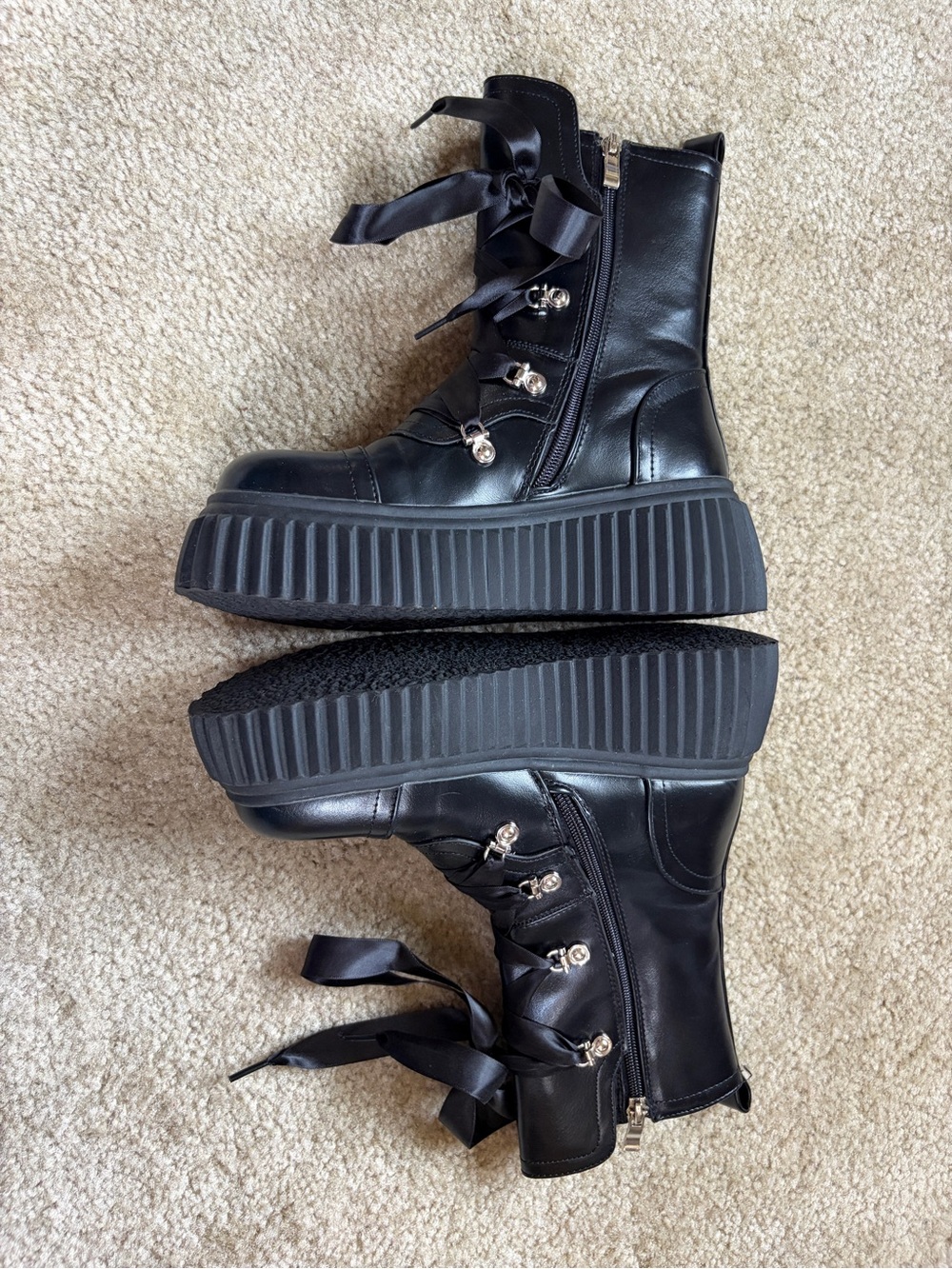 Vivianly Black Platform Lolita Zip Up Combat Boots with Ribbon Laces - Picture 3 of 8